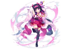 Rule 34 | 1girl, armpits, arms up, black hair, blush, boots, flower knight girl, full body, japanese clothes, leg up, long hair, naginata, official art, open mouth, polearm, purple eyes, shakuyaku (flower knight girl), solo, spear, thighhighs, transparent background, weapon