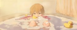 Rule 34 | 1girl, bandaid, bandaid on knee, bandaid on leg, bath, bathing, bathtub, brown hair, blowing bubbles, commentary, completely nude, covered mouth, hair between eyes, hair extensions, idolmaster, idolmaster cinderella girls, indoors, knees up, multicolored hair, ninomiya asuka, nude, partially submerged, pink hair, rubber duck, shioda (shioda 5), solo