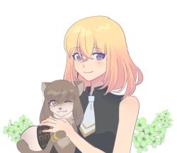 Rule 34 | 1girl, animal, animalization, bang dream!, bang dream! it&#039;s mygo!!!!!, black shirt, blonde hair, blush, brown cat, brown eyes, cat, closed mouth, collared shirt, flower, highres, holding, holding animal, holding cat, looking at viewer, medium hair, necktie, purple eyes, shirt, sleeveless, sleeveless shirt, smile, solo, sumida mana, takechi63, upper body, white background, white necktie, yellow flower