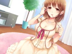 Rule 34 | 1girl, adjusting hair, blush, bracelet, breasts, brown eyes, brown hair, cleavage, curtains, dress, dutch angle, earclip, hakuou (levi77), hand up, indoors, jewelry, large breasts, looking at viewer, medium hair, necklace, original, parted lips, pink rug, plant, potted plant, rug, short sleeves, sitting, solo, television