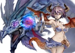 Rule 34 | 1girl, ahoge, arm strap, bandages, bandaged arm, bandages, bikini, bikini skirt, blue bikini, bracelet, breasts, choker, cleavage, commentary request, dragon, dragon girl, dragon horns, dragon tail, dragon wings, flower, glowing, glowing hand, granblue fantasy, grea (shingeki no bahamut), horns, jewelry, looking at viewer, magic, medium breasts, navel, pointy ears, purple hair, red eyes, shimashima (simasima 23), shingeki no bahamut, short hair, solo, swimsuit, tail, white background, wings