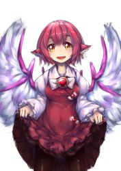 Rule 34 | 1girl, animal ears, bird wings, black pantyhose, breasts, clothes lift, highres, lifted by self, looking at viewer, medium breasts, mystia lorelei, nano (ex925868312), no headwear, no headwear, open mouth, pantyhose, pink hair, short hair, skirt, skirt lift, smile, solo, touhou, wings, yellow eyes