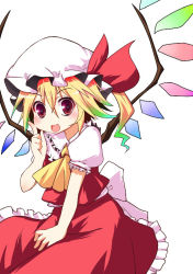 Rule 34 | 1girl, :d, bell (oppore coppore), blonde hair, female focus, flandre scarlet, gradient hair, green hair, hat, heart, heart-shaped pupils, index finger raised, looking at viewer, multicolored hair, open mouth, pointing, pointing up, red eyes, short hair, side ponytail, simple background, smile, solo, symbol-shaped pupils, touhou, wings