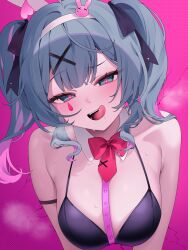 Rule 34 | 1girl, absurdres, animal ears, bare shoulders, black leotard, blue eyes, blue hair, blush, breasts, cleavage, detached collar, fake animal ears, hair ornament, hatsune miku, highres, large breasts, leotard, licking lips, looking at viewer, medium hair, multicolored hair, open mouth, playboy bunny, rabbit ears, rabbit hole (vocaloid), reel (riru), smile, solo, tongue, tongue out, twintails, two-tone hair, vocaloid