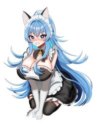 Rule 34 | 1girl, absurdres, alternate costume, animal ears, apron, black dress, black thighhighs, blue eyes, blush, breasts, cat ears, clenched teeth, dress, elbow gloves, enmaided, fake animal ears, gloves, goddess of victory: nikke, helm (nikke), highres, hyeongmyeongi, kneeling, large breasts, long hair, maid, maid apron, maid headdress, simple background, sitting, solo, teeth, thighhighs, white background, white gloves