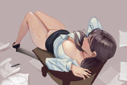 Rule 34 | 1girl, bare legs, black footwear, black skirt, blush, breasts, brown hair, chair, chinese commentary, cleavage, closed eyes, closed mouth, clothes lift, collared shirt, eyelashes, from above, full body, grey background, high heels, highres, knees together feet apart, large breasts, long hair, long sleeves, miniskirt, no bra, office lady, original, panties, paper, partially unbuttoned, pen, pencil skirt, shiny skin, shirt, side-tie panties, simple background, sitting, skirt, skirt lift, solo, thighs, underwear, white panties, white shirt, yang chen (lee5)