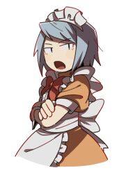 Rule 34 | 1girl, ace attorney, apron, blue hair, bow, crossed arms, dress, franziska von karma, looking at viewer, maid, maid headdress, official alternate costume, open mouth, orange dress, puffy short sleeves, puffy sleeves, red bow, short hair, short sleeves, simple background, solo, wahootarou, waist apron, white apron, white background