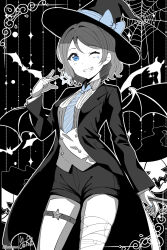 Rule 34 | 1girl, absurdres, blue eyes, bow, fang, halloween, hat, highres, kuntze, looking at viewer, love live!, love live! sunshine!!, short hair, silk, smile, solo, spider web, thigh strap, watanabe you, wavy hair, witch hat