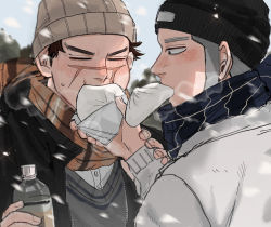 Rule 34 | 2boys, alternate costume, bad id, bad pixiv id, beanie, blush, bottle, brown eyes, brown hair, casual, eating, facial scar, feeding, food request, golden kamuy, grey hair, hat, highres, kepi, long sideburns, male focus, military hat, mouth hold, multiple boys, nipples, scar, scar on cheek, scar on face, scar on mouth, scar on nose, scarf, shiraishi yoshitake, short hair, sideburns, snowing, spiked hair, sugimoto saichi, ton (ton19130318), upper body, winter clothes, yaoi