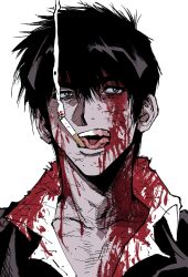 Rule 34 | 1boy, black eyes, black hair, black jacket, blood, blood on clothes, blood on face, cigarette, collarbone, collared shirt, highres, jacket, male focus, mouth hold, my nameisyoon, nicholas d. wolfwood, open mouth, portrait, shirt, short hair, simple background, smile, smoking, solo, teeth, tongue, tongue out, trigun, v-shaped eyebrows, white background, white shirt