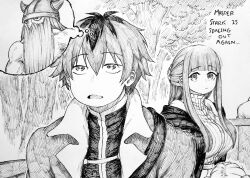 Rule 34 | 1boy, 1girl, absurdres, breasts, carriage, chronozbergh, closed mouth, coat, commentary, dress, eisen (sousou no frieren), english commentary, english text, fern (sousou no frieren), forest, greyscale, highres, imagining, jacket, large breasts, monochrome, nature, open clothes, open coat, open mouth, outdoors, sousou no frieren, spoken character, stark (sousou no frieren), thought bubble, traditional media, tree, upper body