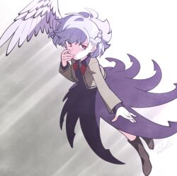 Rule 34 | 1girl, bow, bowtie, braid, brooch, brown footwear, collared dress, covering own mouth, dress, feathered wings, french braid, grey hair, jacket, jewelry, kishin sagume, long sleeves, looking at viewer, one-hour drawing challenge, open clothes, open jacket, purple dress, red bow, red bowtie, red eyes, shikido (khf), short hair, single wing, solo, suit jacket, touhou, white background, white wings, wing collar, wings