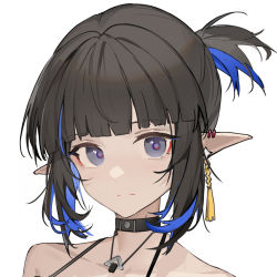 Rule 34 | 1girl, arknights, black hair, blue eyes, earrings, eunectes (arknights), jewelry, looking at viewer, luozhou pile, multicolored hair, necklace, pointy ears, white background