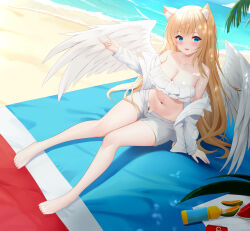 Rule 34 | 1girl, absurdres, animal ears, bare shoulders, barefoot, beach, beach mat, blonde hair, blue eyes, breasts, cat ears, cleavage, collarbone, feathered wings, highres, jacket, large breasts, long hair, long sleeves, looking at viewer, midriff, navel, off shoulder, open clothes, open fly, open jacket, open mouth, original, shenqi (toid310), short shorts, shorts, sitting, smile, solo, stomach, strapless, thighs, tube top, very long hair, white jacket, white shorts, wings
