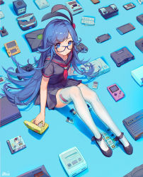 Rule 34 | 1boy, artist name, atari, atari 2600, black footwear, black skirt, blue background, blue eyes, blue hair, controller, destiny child, dreamcast controller, dualshock, famicom, game &amp; watch, game boy, game boy (original), game boy cartridge, game cartridge, game console, game controller, gamecube, gamepad, glasses, handheld game console, head-mounted display, highres, home pong, joystick, kkuem, long hair, looking at viewer, male focus, mayahuel (destiny child), microsoft, neckerchief, neo geo, nintendo, nintendo 64, nintendo ds, nintendo switch, pc engine, playstation 1, playstation 4, playstation controller, playstation vita, playstation vr, red neckerchief, sega, sega dreamcast, sega master system, sega mega drive, signature, sitting, skirt, solo, sony, super nintendo, thighhighs, trap, very long hair, white thighhighs, wii remote, xbox, xbox controller