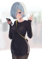 Rule 34 | 1girl, alternate costume, black pantyhose, black sweater, blue eyes, breasts, cellphone, cowboy shot, grey hair, hair ornament, hair over one eye, hairclip, hamakaze (kancolle), highres, holding, holding phone, kantai collection, lanthan, large breasts, long sleeves, looking at viewer, pantyhose, phone, ribbed sweater, short hair, smartphone, smile, solo, standing, sweater