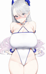 Rule 34 | 1girl, absurdres, arm support, bare shoulders, blue nails, blush, bracelet, breasts, bridal gauntlets, cleavage, closed mouth, commentary, earrings, elbow gloves, english commentary, gloves, grey hair, hair between eyes, hair ornament, highleg, highleg leotard, highres, hoop earrings, jewelry, large breasts, leotard, long hair, looking at viewer, mochirong, mole, mole on breast, nail polish, original, simple background, sitting, solo, thighs, very long hair, white background, white gloves, white leotard