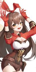 Rule 34 | amber (genshin impact), breasts, brown corset, brown eyes, brown hair, brown shorts, cleavage, cleavage cutout, clothing cutout, corset, enoch (enoch1368), genshin impact, gloves, hair between eyes, hair ribbon, highres, long hair, looking at viewer, medium breasts, open hands, open mouth, rabbit pose, red gloves, red ribbon, ribbon, shorts, solo, white background