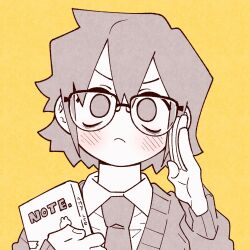 Rule 34 | 1girl, amelia lee, blush, book, cardigan, character name, closed mouth, collared shirt, frown, glasses, greyscale with colored background, hair between eyes, hand up, highres, holding, holding book, hugging object, i love amy, looking at viewer, necktie, open hand, portrait, shirt, short hair, sidelocks, simple background, solo, straight-on, unn1666, v-shaped eyebrows, yellow background