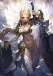 Rule 34 | 1girl, armor, armored dress, artist name, backlighting, blonde hair, braid, breasts, bridal gauntlets, brown eyes, chain, chain, commentary, cowboy shot, elbow gloves, feathered wings, feathers, gloves, glowing, glowing wings, gold chain, hair ornament, helmet, huge weapon, kim han seul, large breasts, long hair, looking at viewer, midriff, navel, original, outdoors, parted lips, signature, single braid, solo, sword, thigh gap, thighhighs, valkyrie, weapon, white feathers, white wings, wings