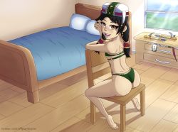Rule 34 | 1girl, absurdres, ass, bare shoulders, barefoot, bed, bikini, black hair, braid, brown eyes, chair, from behind, hair tubes, hat, highres, long hair, looking at viewer, looking back, looking up, nyantsune, open mouth, shiny skin, sitting, smile, solo, soul calibur, swimsuit, talim, thong, thong bikini, twin braids