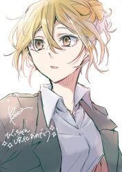 Rule 34 | black jacket, blonde hair, bungou stray dogs, hand up, higuchi ichiyou (bungou stray dogs), jacket, long hair, open mouth, shirt, simple background, white background, white shirt, yellow eyes