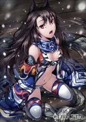 Rule 34 | 1girl, animal ears, breasts, brown hair, claws, cleavage, decchi oyabun, japanese clothes, long hair, looking at viewer, momohime ryouran! sengoku asuka, navel, open mouth, original, panties, red eyes, sayagata, scarf, shippou (pattern), slit pupils, snowing, solo, tears, thighhighs, underwear, very long hair, wolf ears