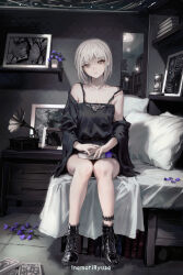 Rule 34 | 1girl, ankle boots, bare shoulders, bed, bed sheet, black camisole, black jacket, black nails, book, boots, breasts, camisole, ceiling, cleavage, collarbone, crossed bangs, drawer, expressionless, flower, grey eyes, highres, holding, holding book, hourglass, inaeda kei, indoors, jacket, looking at viewer, medium breasts, mirror, off shoulder, original, petals, phonograph, photo (object), picture frame, pillow, plant, potted plant, purple flower, shelf, short hair with long locks, sidelocks, sitting, solo, star (symbol), tile floor, tiles, topless, wallpaper (object), white hair