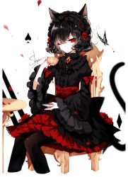 Rule 34 | 1girl, absurdres, animal ear fluff, animal ears, artist name, black hair, black hairband, black pantyhose, black shirt, bow, brooch, bug, butterfly, cat ears, cat tail, chair, cropped legs, cup, earrings, eyelashes, flower, frilled sleeves, frills, gothic lolita, hair between eyes, hairband, hand up, high-waist skirt, highres, holding, holding cup, insect, jewelry, juliet sleeves, lolita fashion, lolita hairband, long sleeves, looking at viewer, nail polish, one eye closed, original, pantyhose, petals, petticoat, puffy sleeves, red bow, red eyes, red flower, red nails, red rose, red skirt, rose, rose petals, sheya, shirt, short hair, signature, simple background, sitting, skirt, solo, spade (shape), table, tail, teacup, white background, wide sleeves