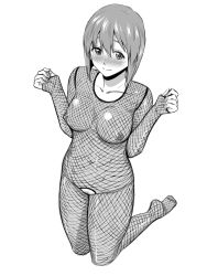 Rule 34 | 1girl, blush, bob cut, bodysuit, breasts, crotchless, crotchless bodysuit, female pubic hair, fishnet bodysuit, fishnets, forearms at chest, greyscale, hagiwara yukiho, highres, humiyou, idolmaster, idolmaster (classic), kneeling, light smile, looking at viewer, medium breasts, monochrome, nipples, pubic hair, short hair, sketch, solo