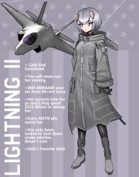 Rule 34 | 1girl, absurdres, aircraft, artist name, black gloves, closed mouth, english text, expressionless, f-35 lightning ii, full body, gloves, grey hair, headgear, highres, hood, hood down, long sleeves, looking at viewer, mecha musume, military vehicle, original, pandramodo, purple eyes, short hair, solo, standing, twitter username