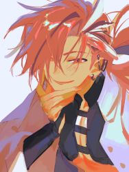 Rule 34 | 1boy, earrings, eyebrow cut, fate/grand order, fate (series), jacket, japanese clothes, jewelry, long hair, long sleeves, looking at viewer, male focus, me (mikannu), multicolored hair, open mouth, pectoral cleavage, pectorals, red eyes, red hair, smile, solo, split-color hair, streaked hair, takasugi shinsaku (fate), two-tone hair, upper body, white hair, white jacket