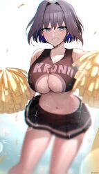 Rule 34 | 1girl, bare shoulders, black hair, blue eyes, blue hair, blush, breasts, cheerleader, clothing cutout, crop top, earrings, hair intakes, highres, holding, holding pom poms, hololive, hololive english, jewelry, kotodekun, large breasts, looking at viewer, navel, open mouth, ouro kronii, pleated skirt, pom pom (cheerleading), pom poms, short hair, skirt, sleeveless, smile, solo, sweat, underboob, underboob cutout, virtual youtuber