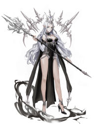 Rule 34 | 1girl, black dress, blue eyes, breasts, cleavage, dermiss, dress, high heels, holding, holding lance, holding polearm, holding spear, holding weapon, lance, long pointy ears, medium breasts, original, pointy ears, polearm, solo, spear, weapon, white background, white hair, white theme