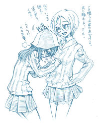 Rule 34 | 2girls, bbb (friskuser), blue theme, closed eyes, clothes grab, commentary, crying, dress shirt, frown, girls und panzer, glasses, grimace, hand on another&#039;s head, hand on own hip, hat, highres, keizoku school uniform, leaning forward, long hair, long sleeves, looking at another, mika (girls und panzer), miniskirt, monochrome, motion lines, multiple girls, open mouth, pleated skirt, puff of air, rimless eyewear, round eyewear, rumi (girls und panzer), school connection, school uniform, shirt, short hair, skirt, smile, striped clothes, striped shirt, swept bangs, translated, vertical-striped clothes, vertical-striped shirt