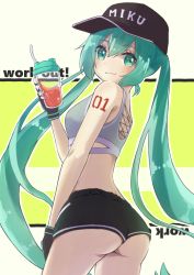 Rule 34 | 1girl, ass, baseball cap, character name, commentary, cowboy shot, drink, fingerless gloves, from side, gloves, green eyes, green hair, green nails, hat, hatsune miku, highres, long hair, looking at viewer, looking to the side, midriff, nail polish, number tattoo, sasaru, short shorts, shorts, shoulder tattoo, solo, sports bra, tattoo, twintails, very long hair, vocaloid, wavy mouth