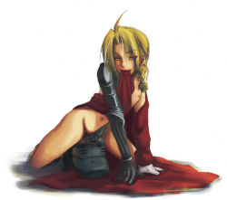 Rule 34 | ahoge, alphonse elric, amputee, armor, blonde hair, blood, braid, cape, edward elric, fullmetal alchemist, gloves, helmet, male focus, mouth hold, nude, prosthesis, prosthetic arm, white gloves, yellow eyes