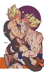 Rule 34 | 2boys, blood, bodysuit, boots, couple, dougi, dragon ball, dragonball z, eye contact, fecaa, gloves, injury, large pectorals, looking at another, male focus, monkey tail, multiple boys, muscular, muscular male, open mouth, pectorals, short hair, sitting, sitting on person, son goku, spiked hair, super saiyan, super saiyan 2, tail, teeth, torn bodysuit, torn clothes, torn gloves, twitter username, vegeta, white gloves, wristband, yaoi