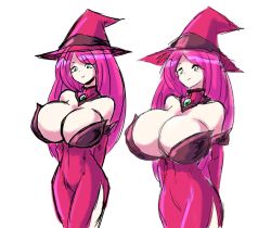 Rule 34 | 1girl, bare shoulders, breast expansion, breasts, cleavage, clothing cutout, collar, cowboy shot, curvy, detached collar, dress, eyelashes, female focus, gem, green eyes, hat, highres, huge breasts, large breasts, long hair, original, paul gq, pink dress, pink hair, shiny clothes, side cutout, sketch, skin tight, smile, solo, solo focus, standing, white background, witch, witch hat