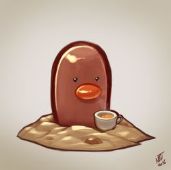 Rule 34 | artist name, black eyes, creatures (company), cup, dated, diglett, drink, game freak, gen 1 pokemon, grey background, highres, nicholas theil, nintendo, no humans, pokemon, pokemon (creature), shiny skin, signature, simple background, solo, steam, tea, teacup
