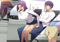 Rule 34 | 1boy, 3girls, ass, bare legs, bent over, black hair, blue suit, blush, breasts, chair, clothed sex, computer, covering own mouth, covering privates, crossed arms, crossed legs, earrings, embarrassed, formal, greco roman (spiral brain), grey skirt, hetero, highres, indoors, jewelry, large breasts, legs, legs apart, legs together, medium hair, monitor, multiple girls, necklace, no pupils, office, original, pantyhose, parted lips, pencil skirt, pendant, purple hair, sex, shirt, short hair, sitting, sitting on lap, sitting on person, skirt, smile, suit, sweatdrop, sweater, table, thighs, vaginal, white shirt, white sweater, yellow skirt
