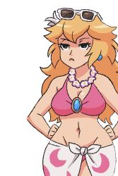 Rule 34 | 1girl, archdan, artist request, bikini, blonde hair, blue eyes, breasts, cleavage, flower, flower necklace, hands on own hips, highres, jewelry, large breasts, legs, long hair, mario (series), navel, necklace, nintendo, pink bikini, princess, princess peach, sarong, shaded face, solo, source request, sunglasses on head, super mario odyssey, swimsuit, thighs, unamused