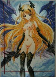 Rule 34 | 1girl, absurdres, ashigaki radar, black footwear, black gloves, blonde hair, blue background, boots, breasts, censored, collarbone, dark angel olivia, demon girl, demon horns, demon wings, dual wielding, gloves, hair ornament, highres, holding, horns, long hair, looking at viewer, medium breasts, armored boots, navel, nipples, nude, pussy, red eyes, shingeki no bahamut, smile, solo, standing, sword, thigh boots, thighhighs, weapon, wings