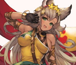 Rule 34 | 1girl, :d, animal ears, arm up, bad id, bad pixiv id, black gloves, blush, breasts, cat ears, dark-skinned female, dark skin, erune, fang, feather hair ornament, feathers, flower, gloves, granblue fantasy, green eyes, grey hair, hair flower, hair ornament, highres, koretsuki azuma, large breasts, long hair, looking at viewer, nemone, open mouth, sideboob, simple background, smile, solo, upper body, white background, yellow flower
