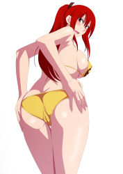 Rule 34 | 1girl, ass, bikini, blush, breasts, brown eyes, cowboy shot, earrings, erza scarlet, fairy tail, female focus, from behind, from below, highres, jewelry, large breasts, lime (purple haze), long hair, looking at viewer, looking back, open mouth, ponytail, red hair, simple background, skindentation, solo, standing, swimsuit, thighs, white background, yellow bikini