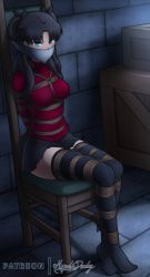Rule 34 | 1girl, absurdres, angry, arms behind back, bdsm, black hair, black skirt, black thighhighs, blue eyes, blush, bondage, bound, bound ankles, bound arms, bound legs, bound wrists, bow, box tie, breast bondage, breasts, chair, chairtie, fate (series), full body, gag, gagged, hair bow, highres, improvised gag, kidnapped, legs together, long sleeves, looking at viewer, magnolia-baillon, medium breasts, miniskirt, no shoes, red shirt, rope, shirt, shoes, sitting, skirt, socks, sweat, tape, tape bondage, tape gag, thighhighs, tied to chair, tohsaka rin, twintails, uwabaki, zettai ryouiki