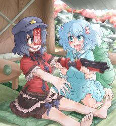 Rule 34 | 2girls, arm cannon, arm mounted weapon, backpack, bag, barefoot, black eyes, black ribbon, black skirt, blue eyes, blue hair, blue shirt, blue skirt, blush, breasts, cabbie hat, chinese clothes, collared shirt, commentary request, cup, fingernails, full body, grey hair, gun, hair bobbles, hair ornament, hat, hat ornament, highres, holding another&#039;s arm, indoors, jiangshi, kawashiro nitori, key, long sleeves, looking at another, medium bangs, medium breasts, miyako yoshika, multiple girls, neck ribbon, no headwear, ofuda, open mouth, outstretched arms, pale skin, pocket, prosthesis, prosthetic arm, purple headwear, red shirt, ribbon, shirt, short hair, short sleeves, sitting, skirt, skirt set, smile, star (symbol), star hat ornament, tangzhuang, tatami, teeth, tobatoinu, touhou, two side up, upper teeth only, weapon, yunomi, zombie pose