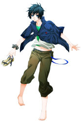 Rule 34 | 1boy, barefoot, blue eyes, blue hair, casual, highres, holding, holding shoes, hood, hoodie, male focus, matching hair/eyes, persona, persona 3, shoes, solo, summer, sushi (artist), white background, yuuki makoto (persona 3)