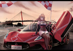 Rule 34 | 1girl, absurdres, ahoge, alternate costume, arm support, azur lane, bare shoulders, bikini, black sleeves, black thighhighs, blue eyes, bodystocking, breasts, brown hair, car, checkered flag, cleavage, closed mouth, commentary, covered navel, detached sleeves, dusk, flag, floating hair, full body, gloves, hair between eyes, highres, holding, holding pole, impero (azur lane), kcar66t, large breasts, location request, long hair, looking at viewer, maserati, motor vehicle, outdoors, pole, race queen, red gloves, see-through, see-through cleavage, sidelocks, sitting, solo, swimsuit, thighhighs, very long hair, white bikini