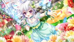 Rule 34 | 1girl, :d, ahoge, bare shoulders, blurry, blurry foreground, blush, bow, breasts, cart, cleavage, concert, dot nose, dress, dutch angle, film grain, flower, game cg, green bow, green dress, green wrist cuffs, grey hair, hair bow, hand up, holding, holding microphone, ichijou ruka, izumi tsubasu, lens flare, looking at viewer, medium breasts, microphone, neck garter, non-web source, off-shoulder dress, off shoulder, official art, open mouth, outstretched arm, purple eyes, re:stage!, red flower, screen, short hair with long locks, smile, solo, sparkle, stage lights, waist bow, white flower, yellow flower